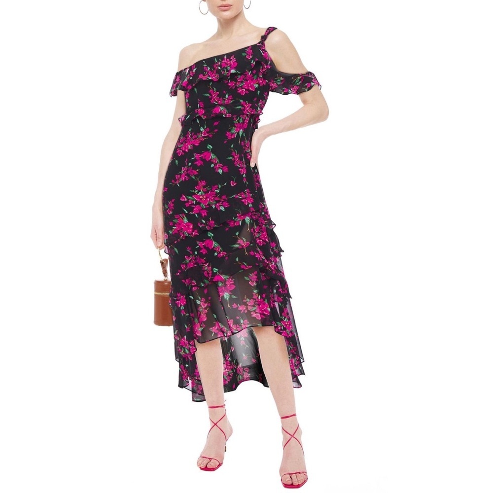 RACHEL ZOE Jillian off-shoulder ruffles floral chiffon midi asymmetric dress 6
